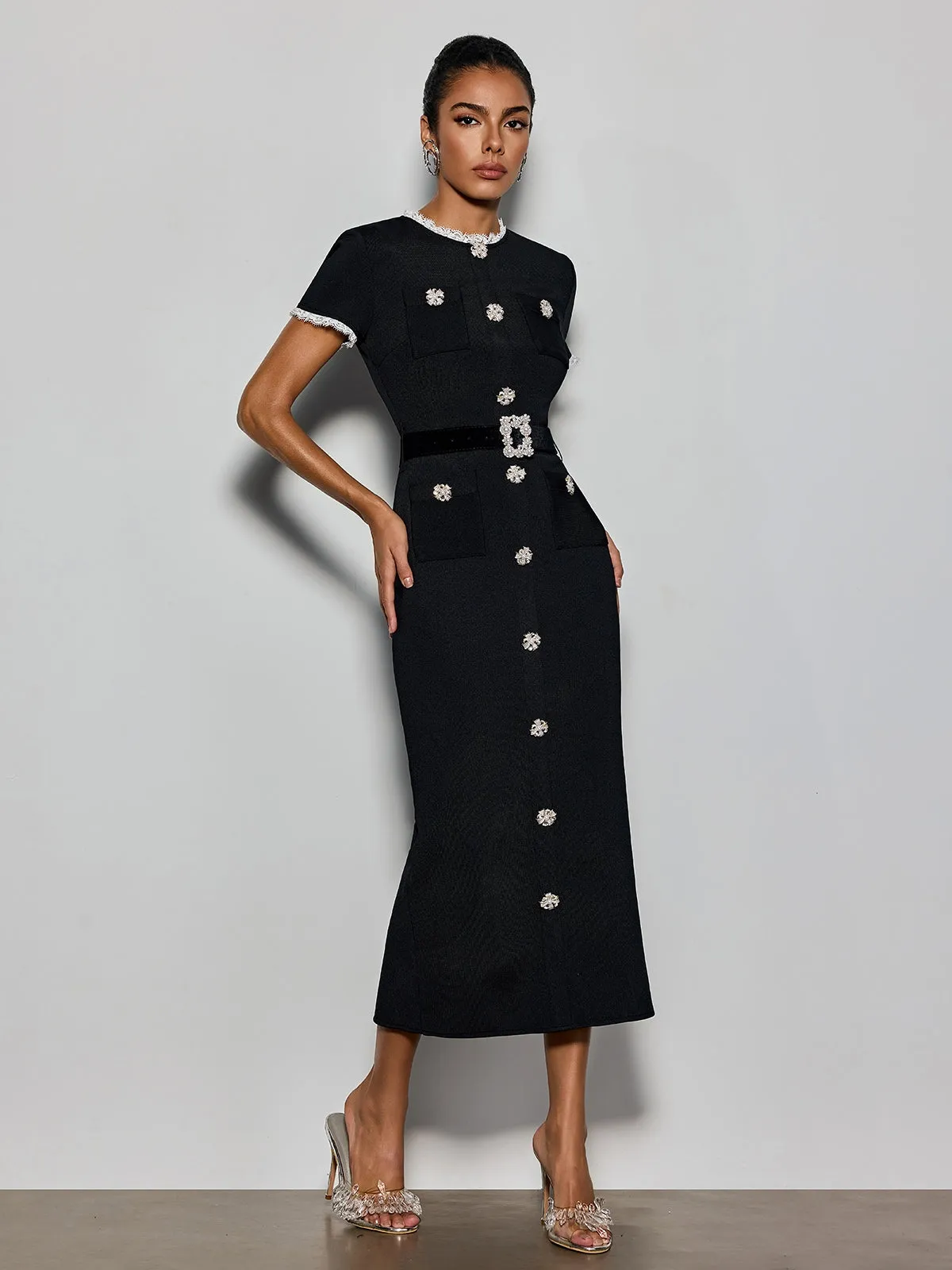 Cyanne Short Sleeve Pearl Knitted Midi Dress sold by Mew Mews product image thumbnail 4