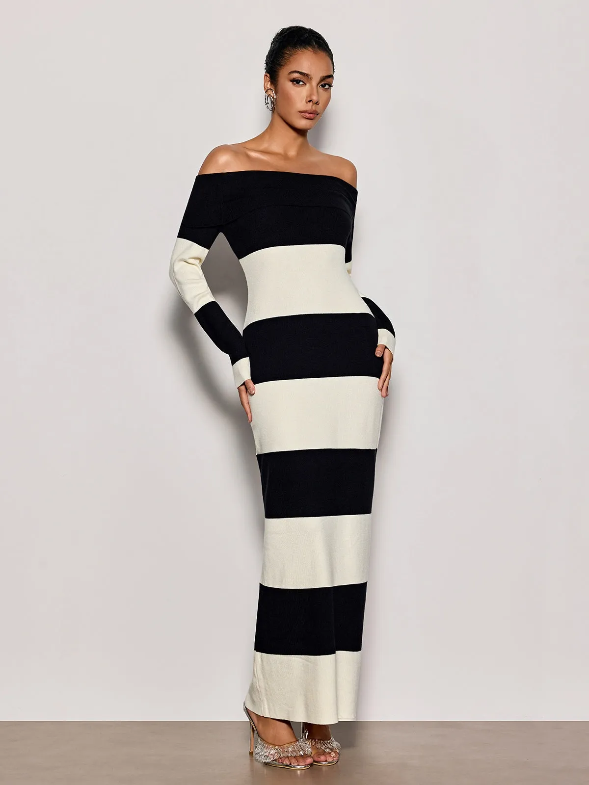 Katzent Off Shoulder Stripe Knit Maxi Dress sold by Mew Mews product image thumbnail 4