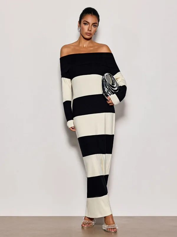 Katzent Off Shoulder Stripe Knit Maxi Dress made by Mew Mews