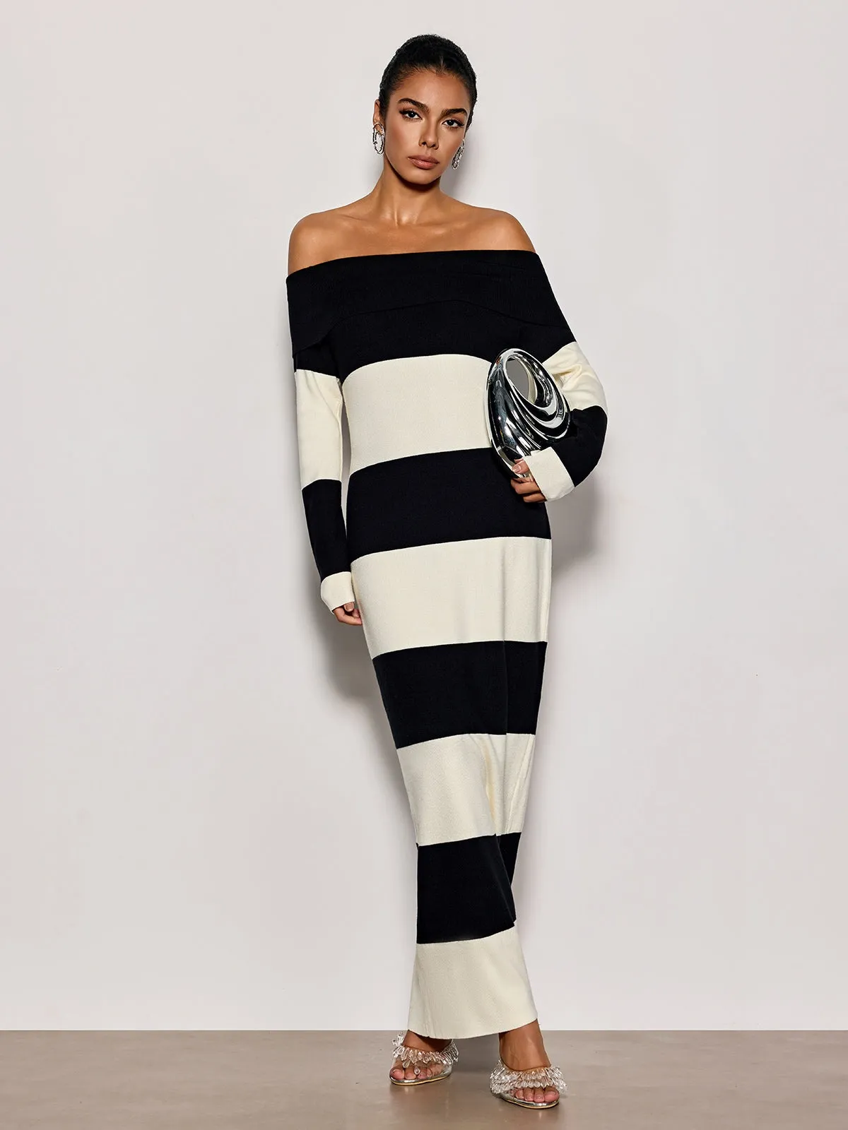 Katzent Off Shoulder Stripe Knit Maxi Dress sold by Mew Mews