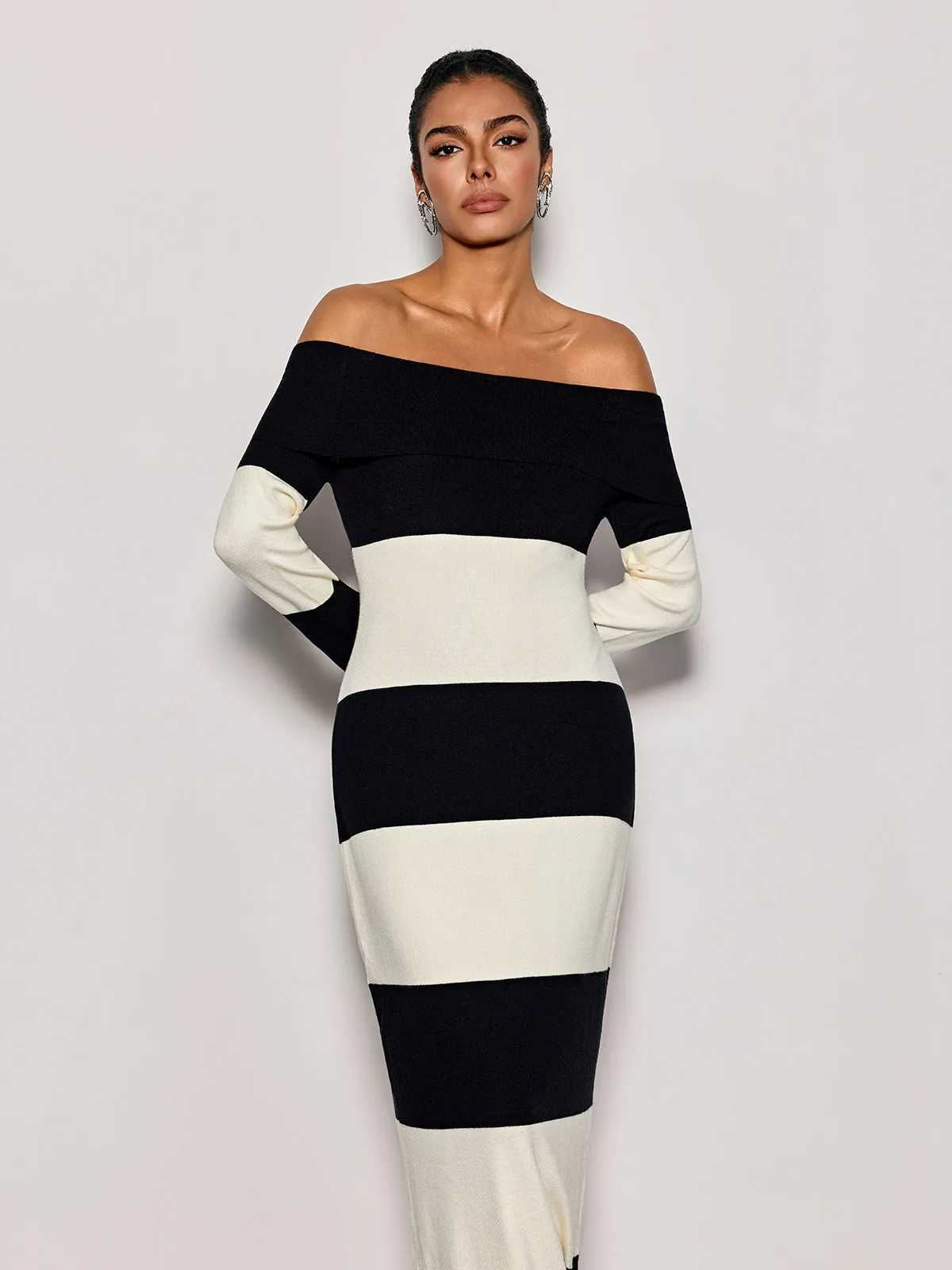 Katzent Off Shoulder Stripe Knit Maxi Dress sold by Mew Mews product image thumbnail 5