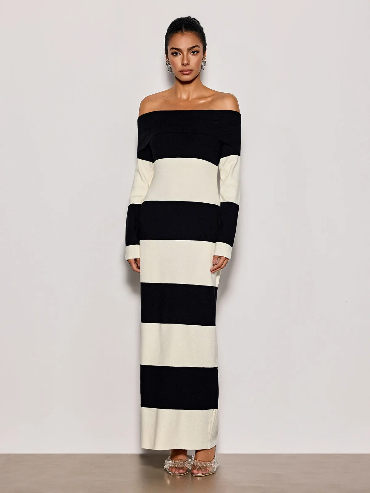 Katzent Off Shoulder Stripe Knit Maxi Dress sold by Mew Mews product image thumbnail 2