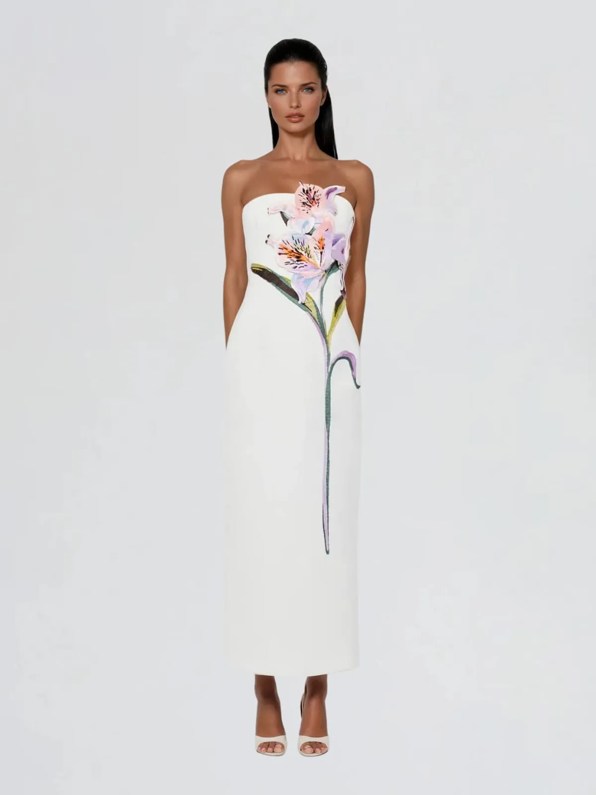 Jyvelle Strapless Flower Midi Dress sold by Mew Mews