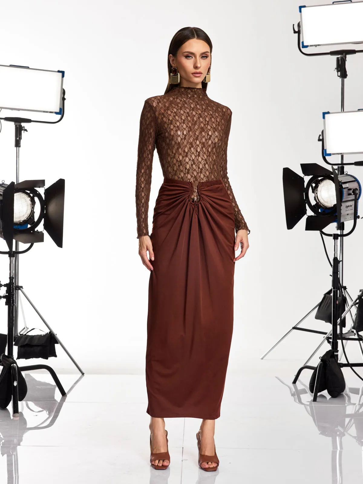 Darcila Long Sleeve Lace Ruched Skirt Set sold by Mew Mews