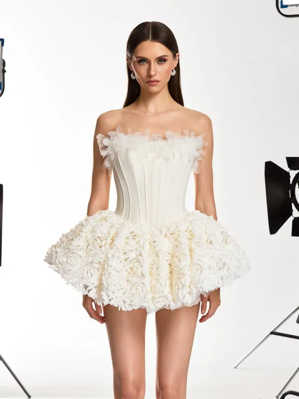 Ulthar Strapless Flower Mini Dress In Apricot made by Mew Mews