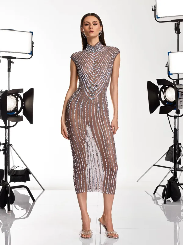 Dallyce High Neck Crystal Pearl Mesh Dress made by Mew Mews