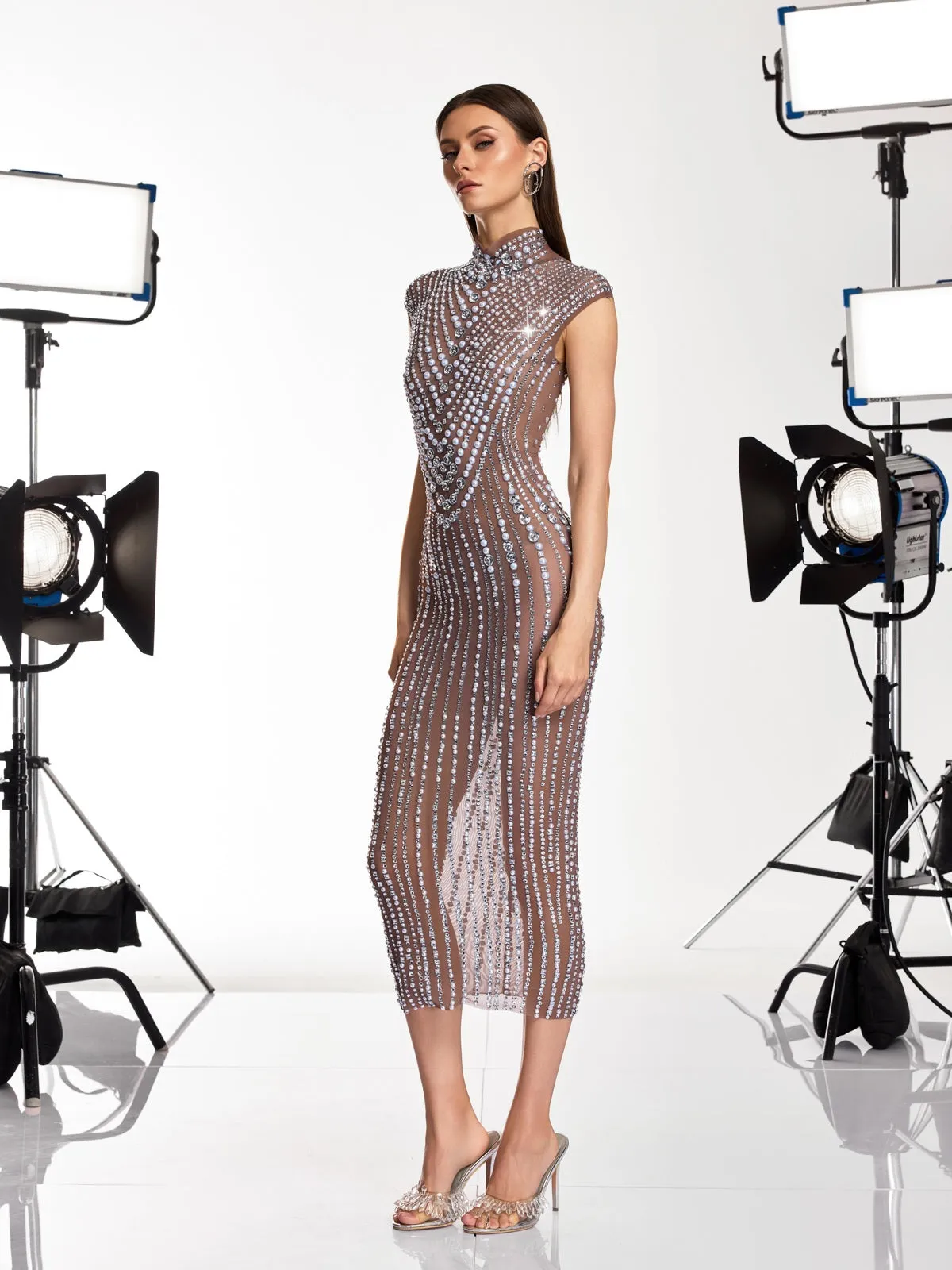 Dallyce High Neck Crystal Pearl Mesh Dress sold by Mew Mews product image thumbnail 3