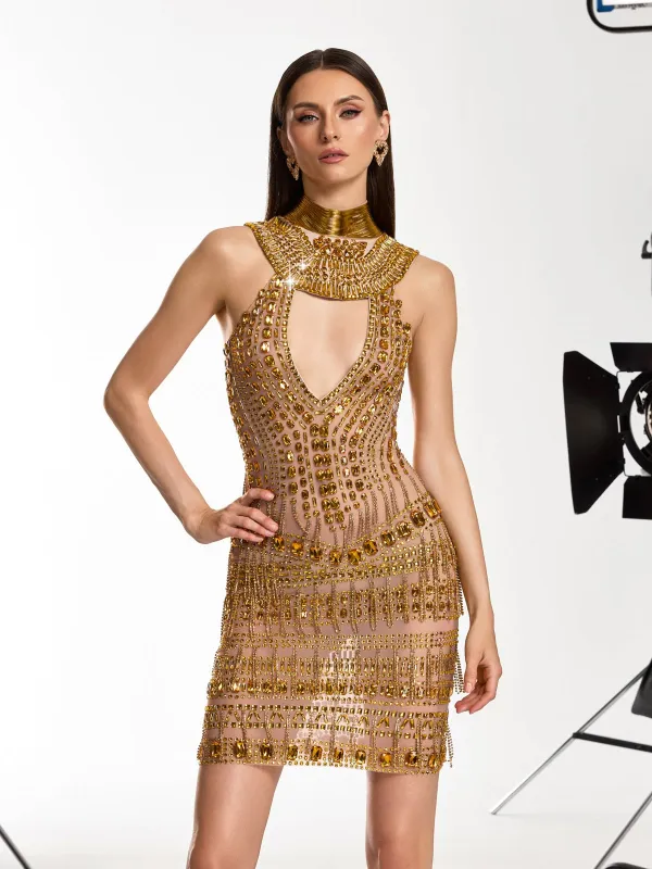 Lorik Fringe Cutout Crystal Mini Dress made by Mew Mews