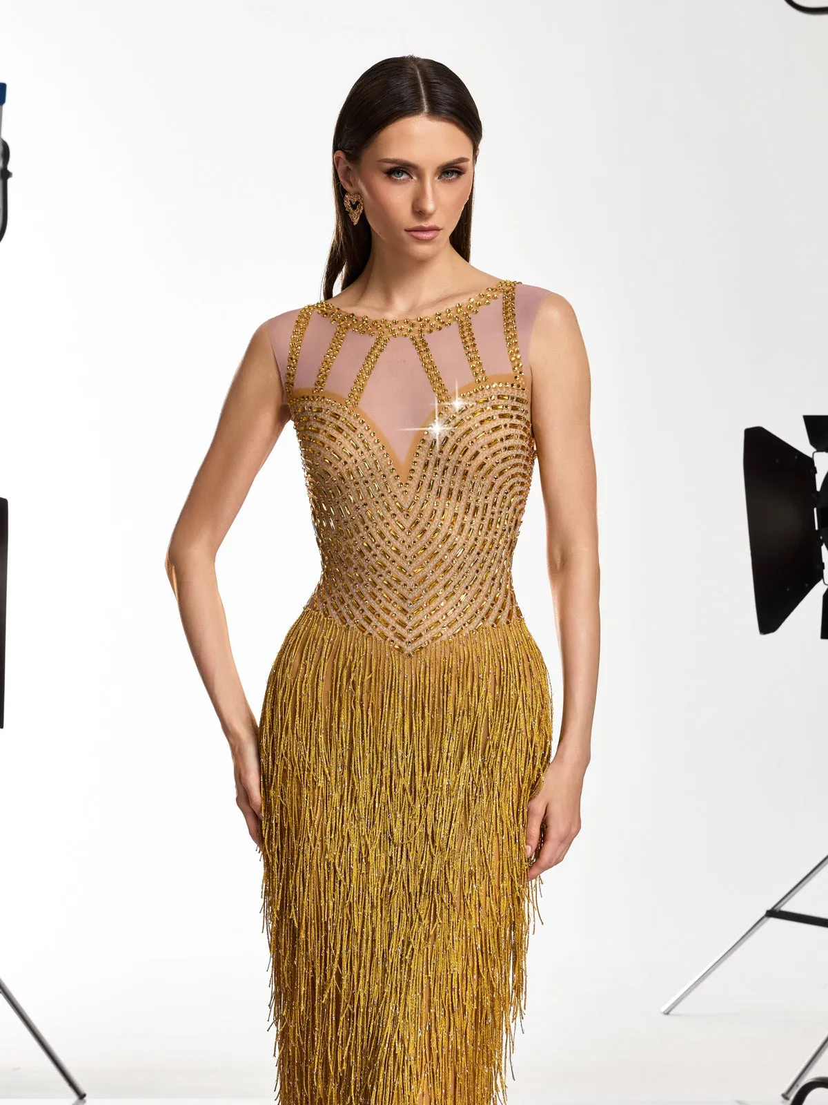 Saelyvira Fringe Rhinestone Maxi Dress In Gold sold by Mew Mews product image thumbnail 5