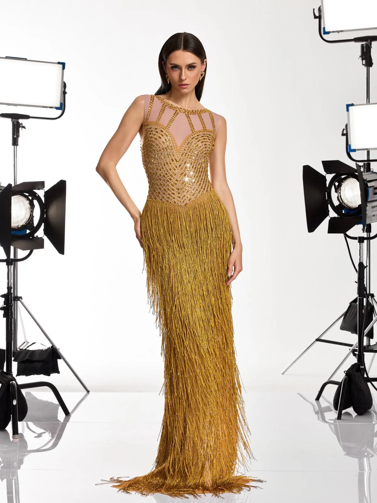 Saelyvira Fringe Rhinestone Maxi Dress In Gold sold by Mew Mews