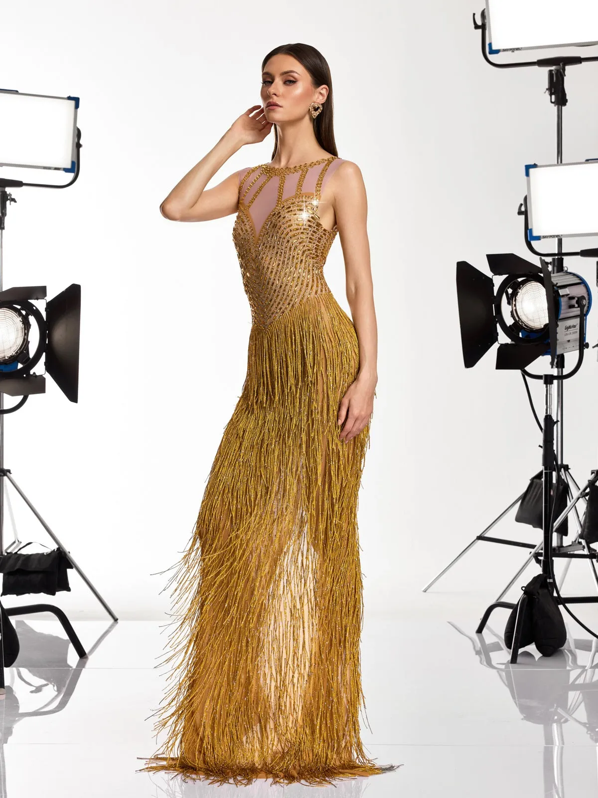 Saelyvira Fringe Rhinestone Maxi Dress In Gold sold by Mew Mews product image thumbnail 2
