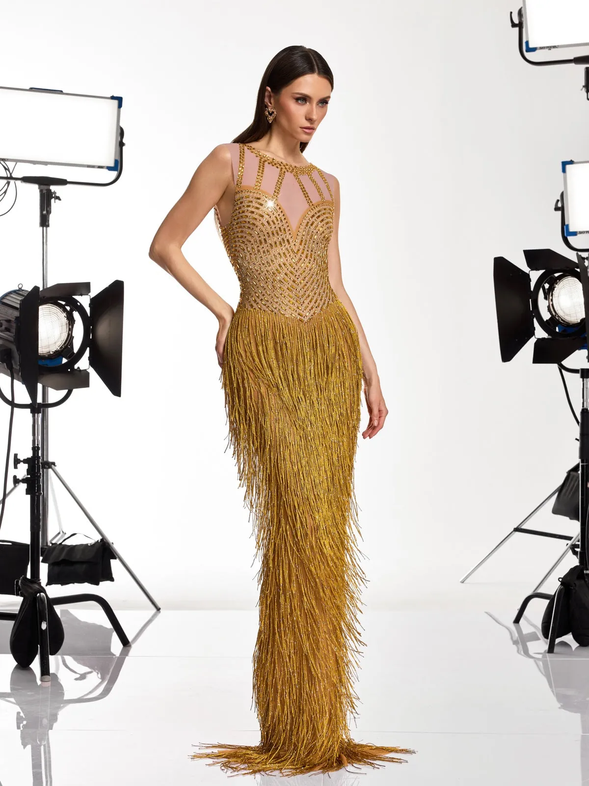 Saelyvira Fringe Rhinestone Maxi Dress In Gold sold by Mew Mews product image thumbnail 4