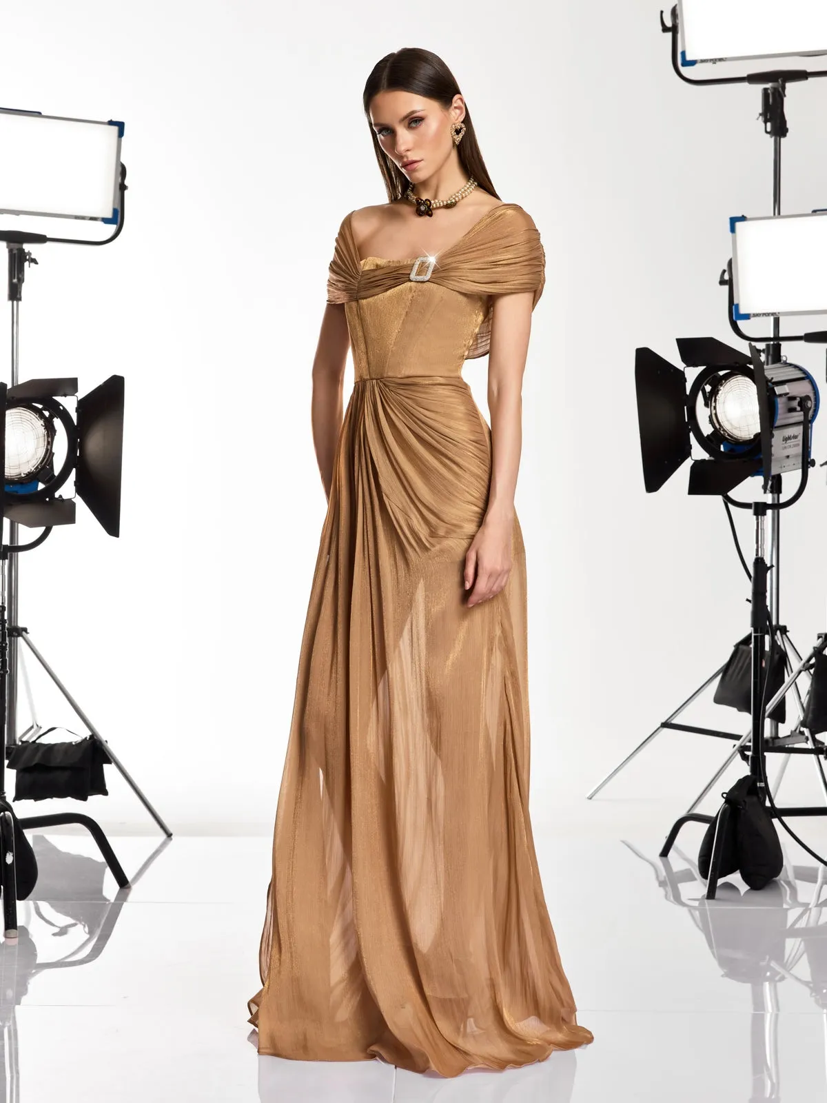 Coryxa Short Sleeve Ruched Split Maxi Dress In Champagne sold by Mew Mews product image thumbnail 4