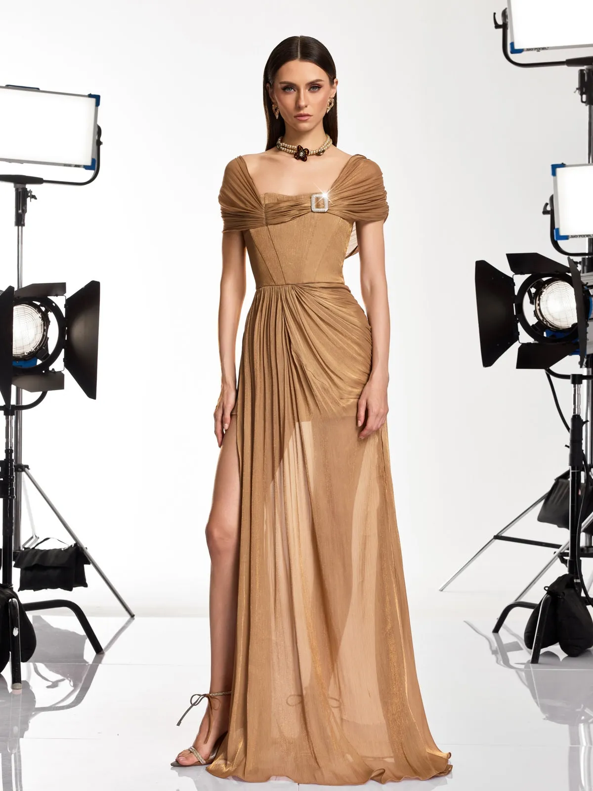 Coryxa Short Sleeve Ruched Split Maxi Dress In Champagne sold by Mew Mews