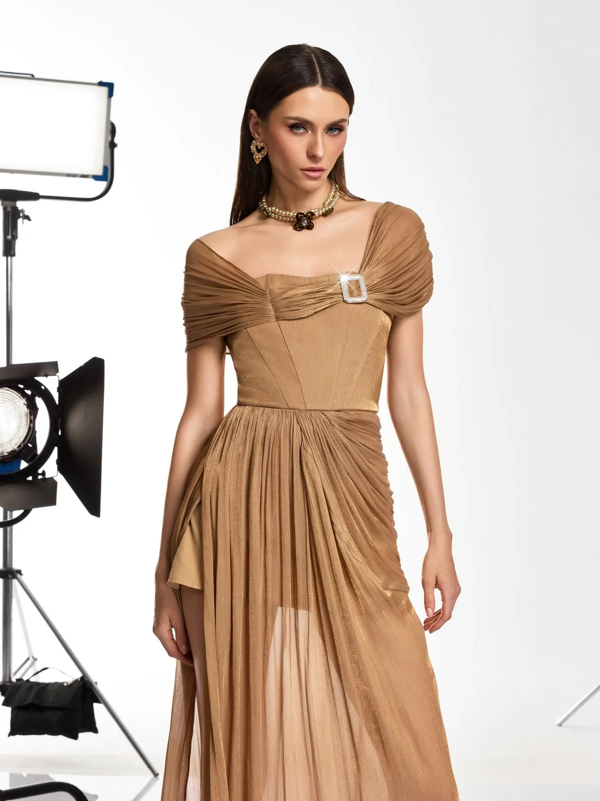 Coryxa Short Sleeve Ruched Split Maxi Dress In Champagne sold by Mew Mews product image thumbnail 5