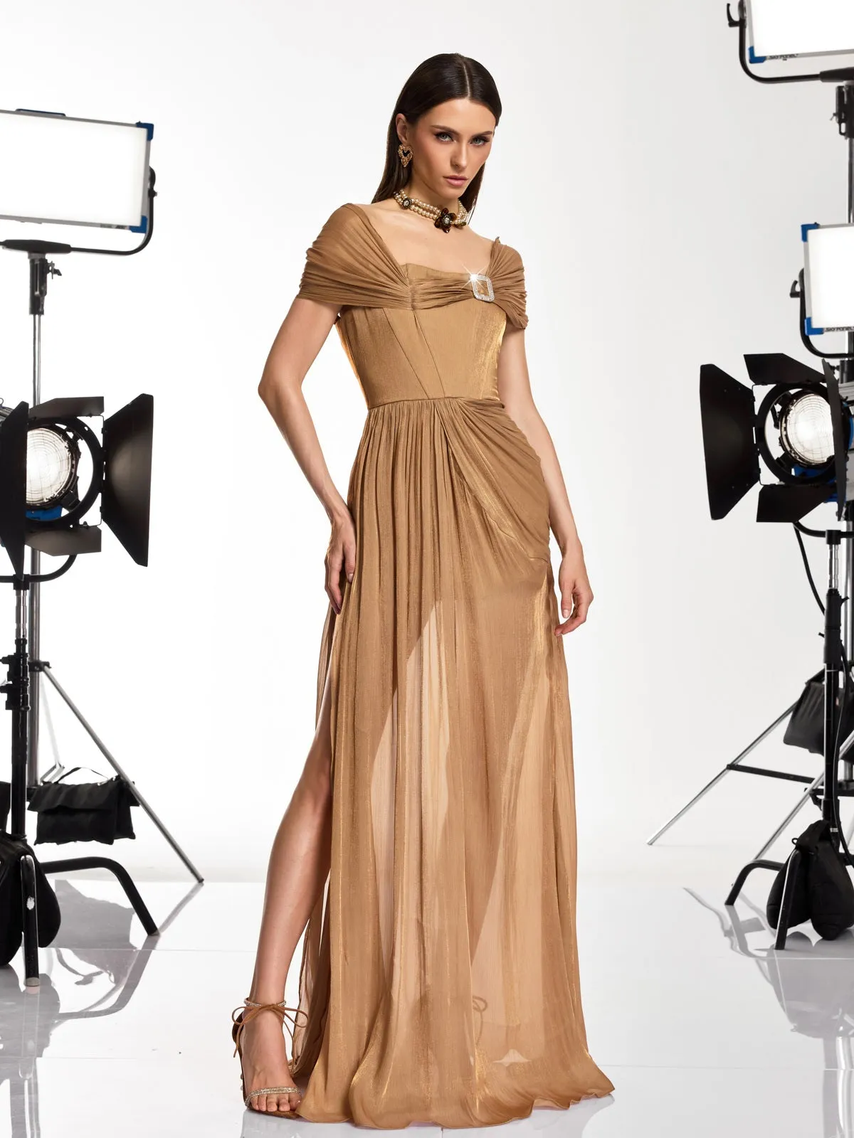 Coryxa Short Sleeve Ruched Split Maxi Dress In Champagne sold by Mew Mews product image thumbnail 2