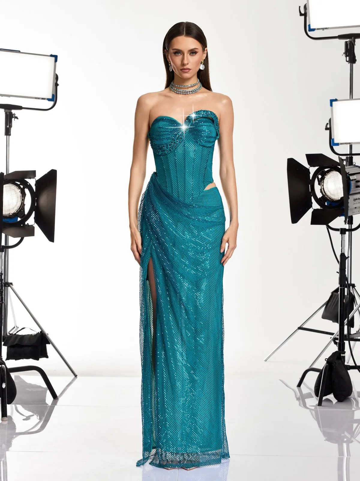 Gethan Strapless Rhinestone Mesh Maxi Dress sold by Mew Mews