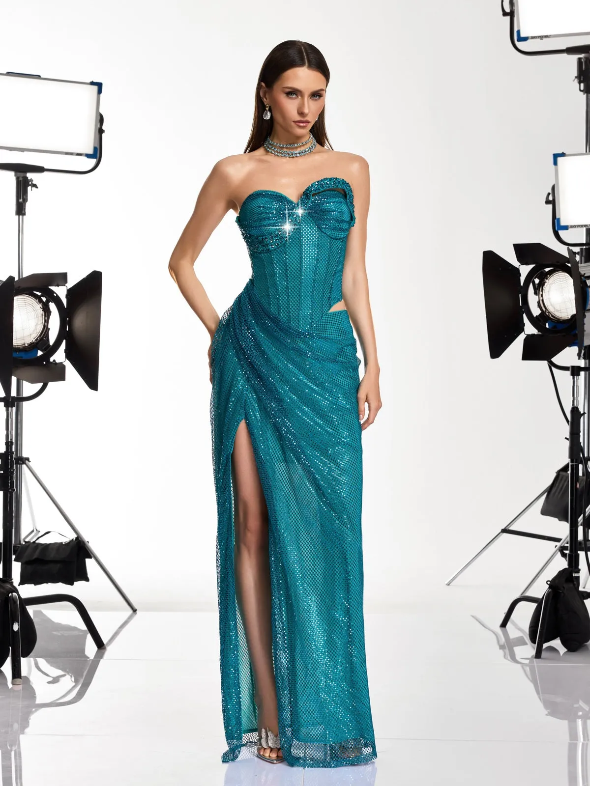 Gethan Strapless Rhinestone Mesh Maxi Dress sold by Mew Mews product image thumbnail 2