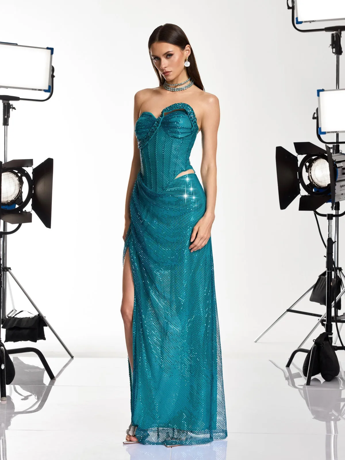 Gethan Strapless Rhinestone Mesh Maxi Dress sold by Mew Mews product image thumbnail 3