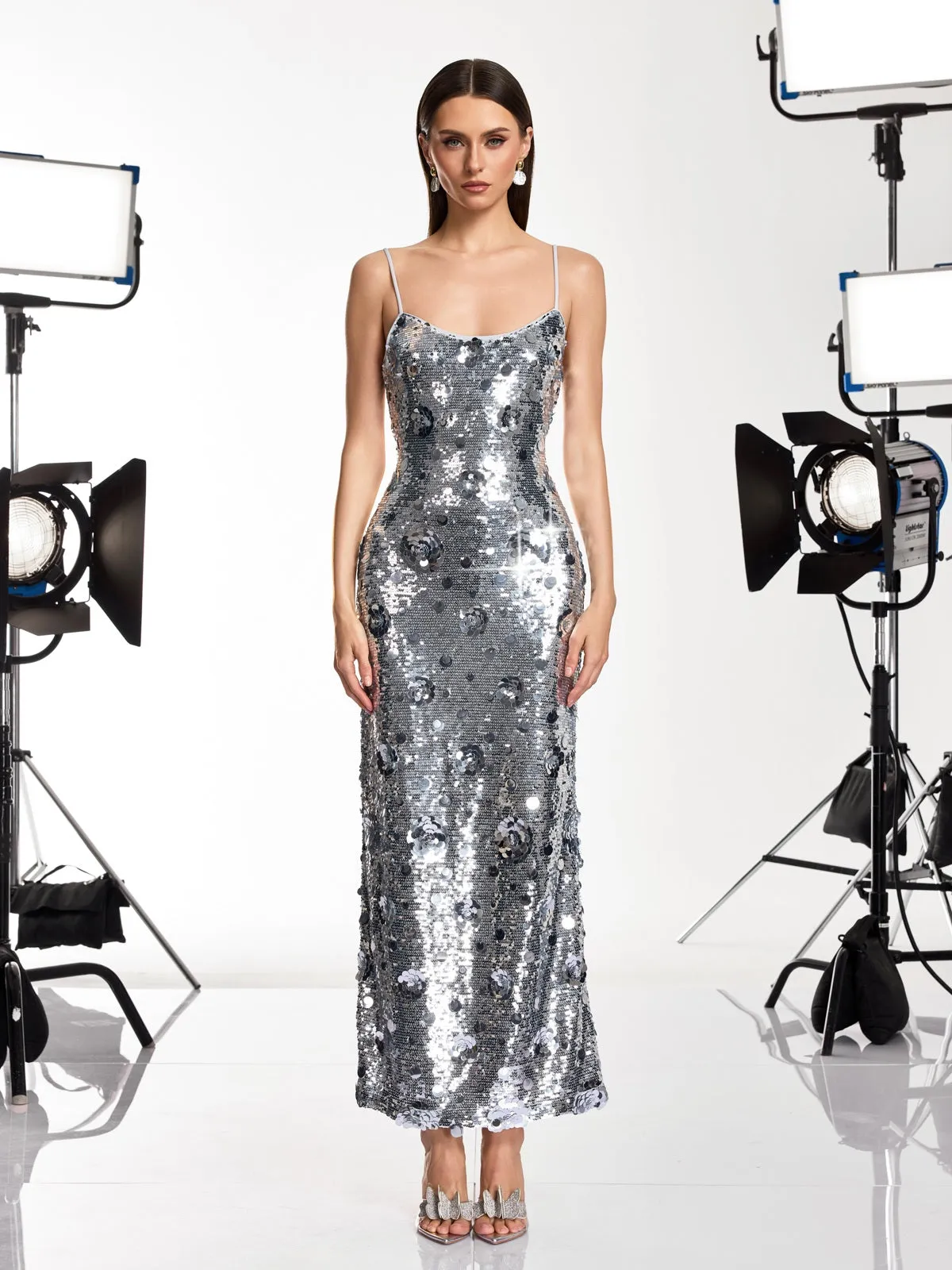 Boryvila Spaghetti Flower Sequin Maxi Dress In Silver sold by Mew Mews