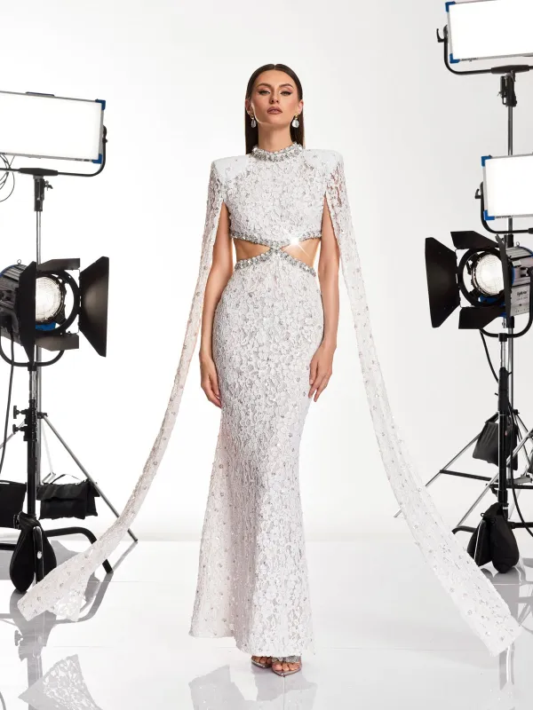 Nevra Cape Sleeve Rhinestone Cutout Maxi Dress made by Mew Mews