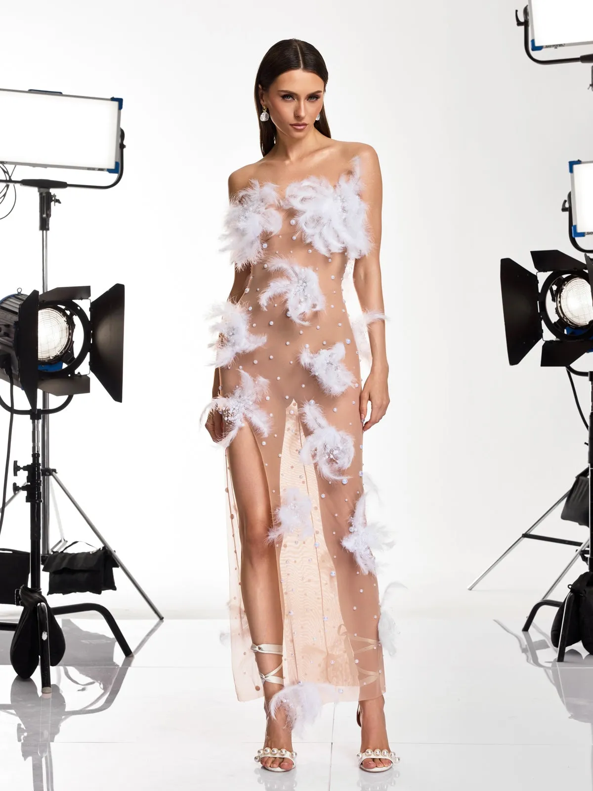 Droven Strapless Feather Mesh Maxi Dress sold by Mew Mews