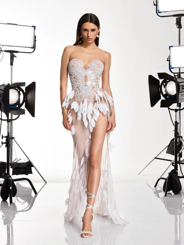 Cenvar Strapless Leaf Pearl Split Maxi Dress made by Mew Mews