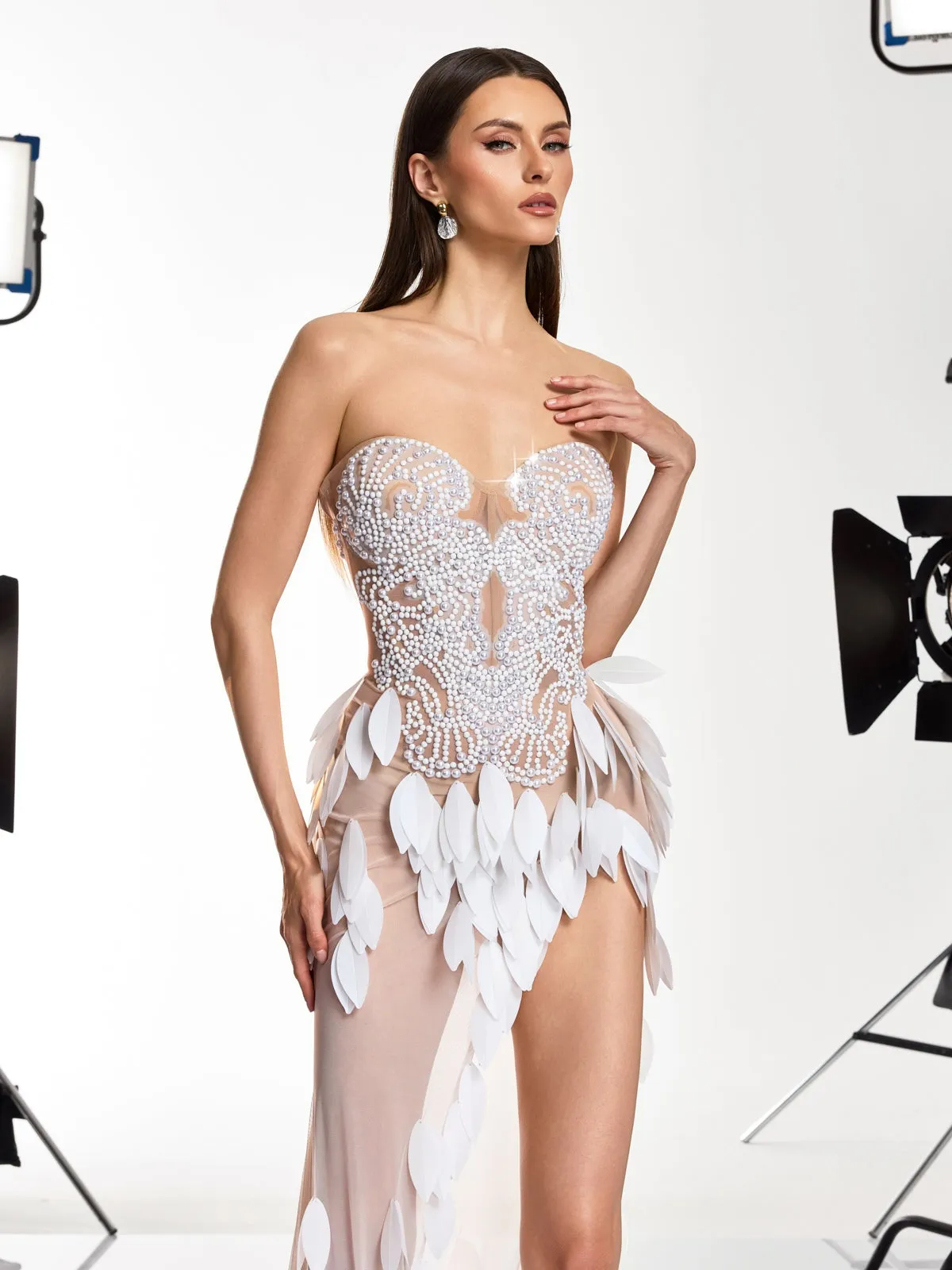 Cenvar Strapless Leaf Pearl Split Maxi Dress sold by Mew Mews product image thumbnail 4