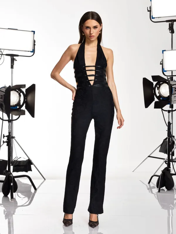 Ixelyn Plunge Neck Lace Jumpsuit made by Mew Mews