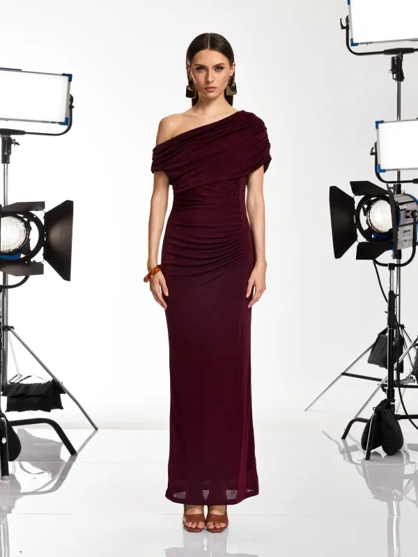 Jenvik One Shoulder Ruched Maxi Dress In Wine made by Mew Mews