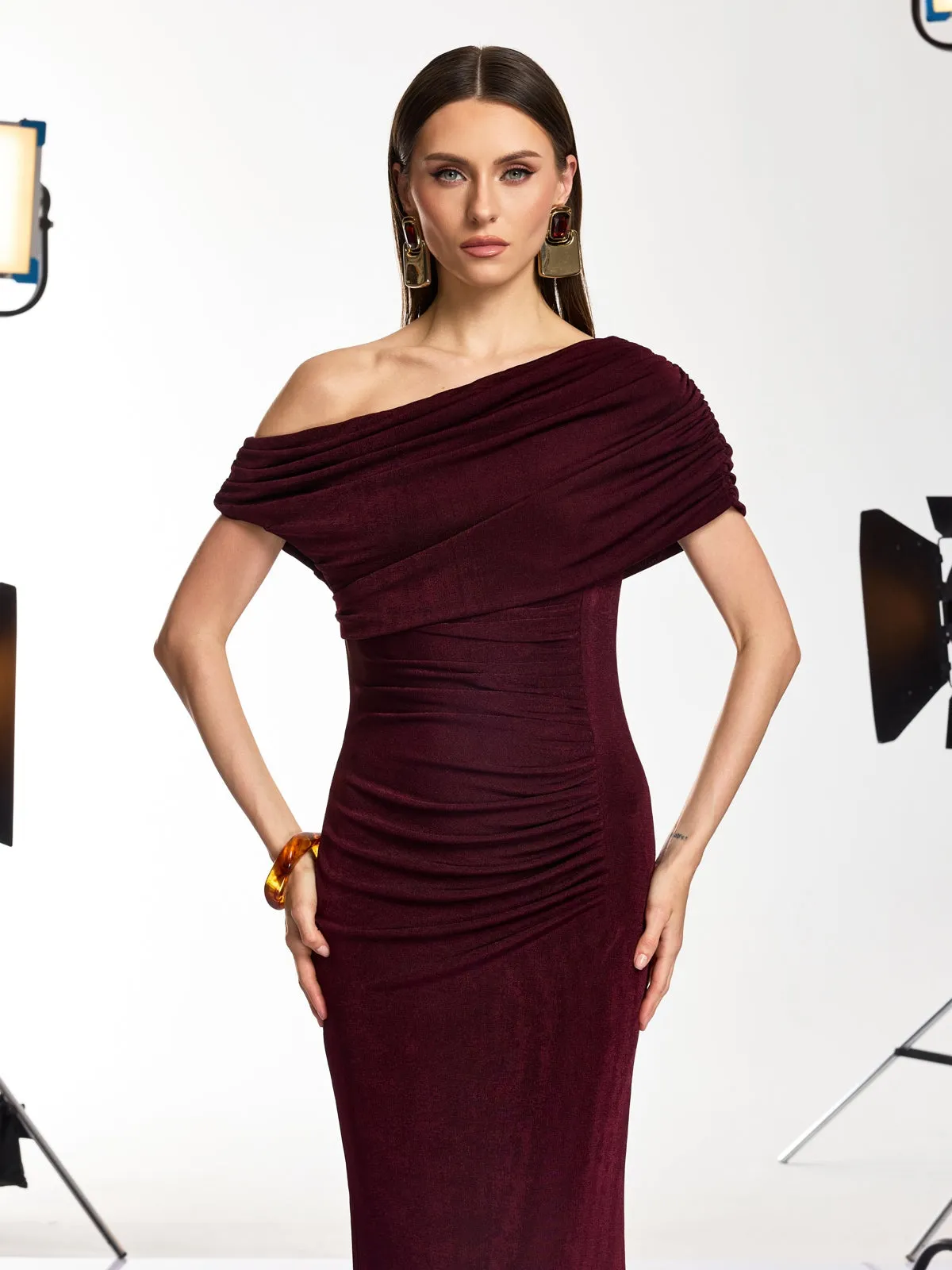 Jenvik One Shoulder Ruched Maxi Dress In Wine sold by Mew Mews product image thumbnail 5