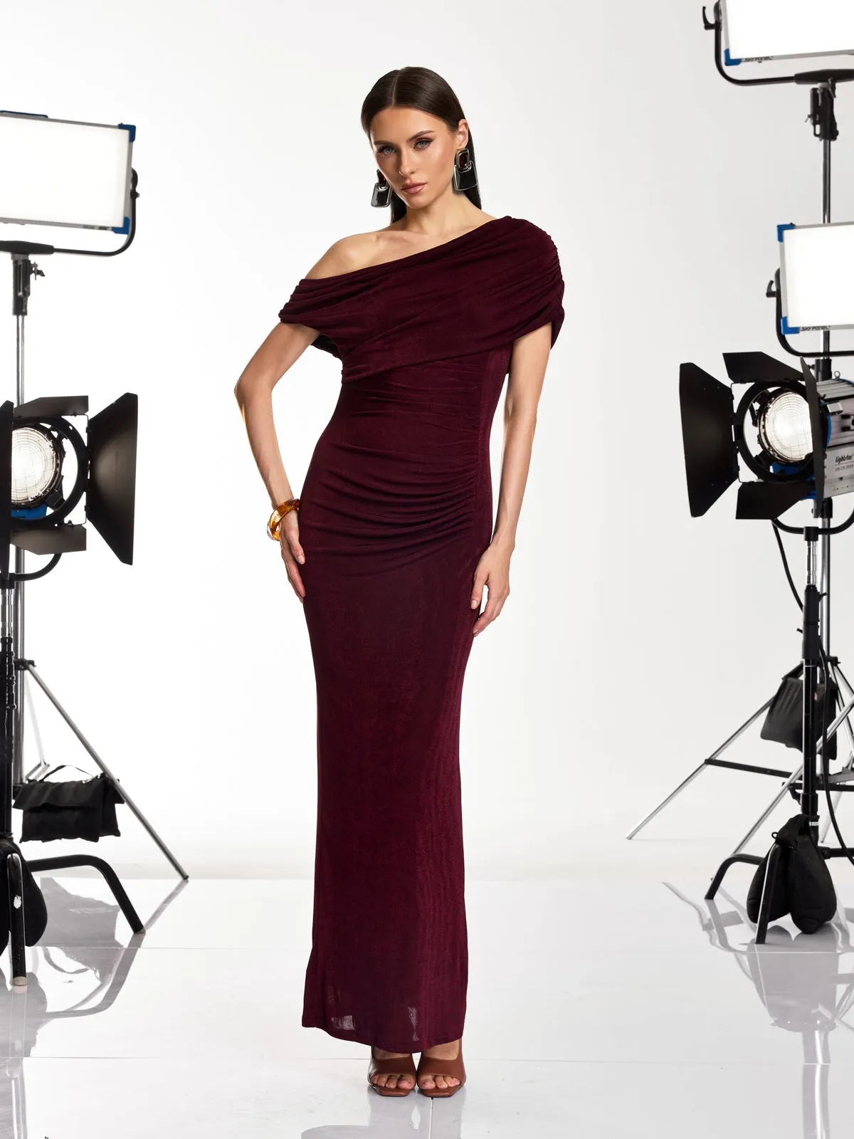 Jenvik One Shoulder Ruched Maxi Dress In Wine sold by Mew Mews product image thumbnail 3