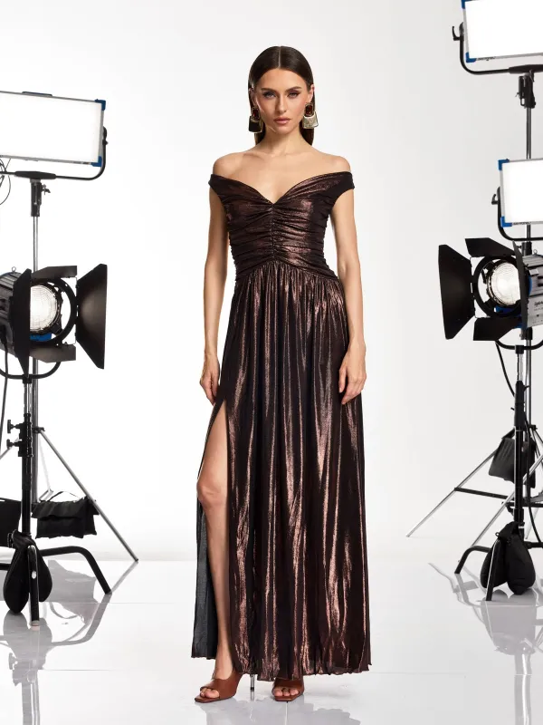 Zexila Off Shoulder Pleated Maxi Dress made by Mew Mews