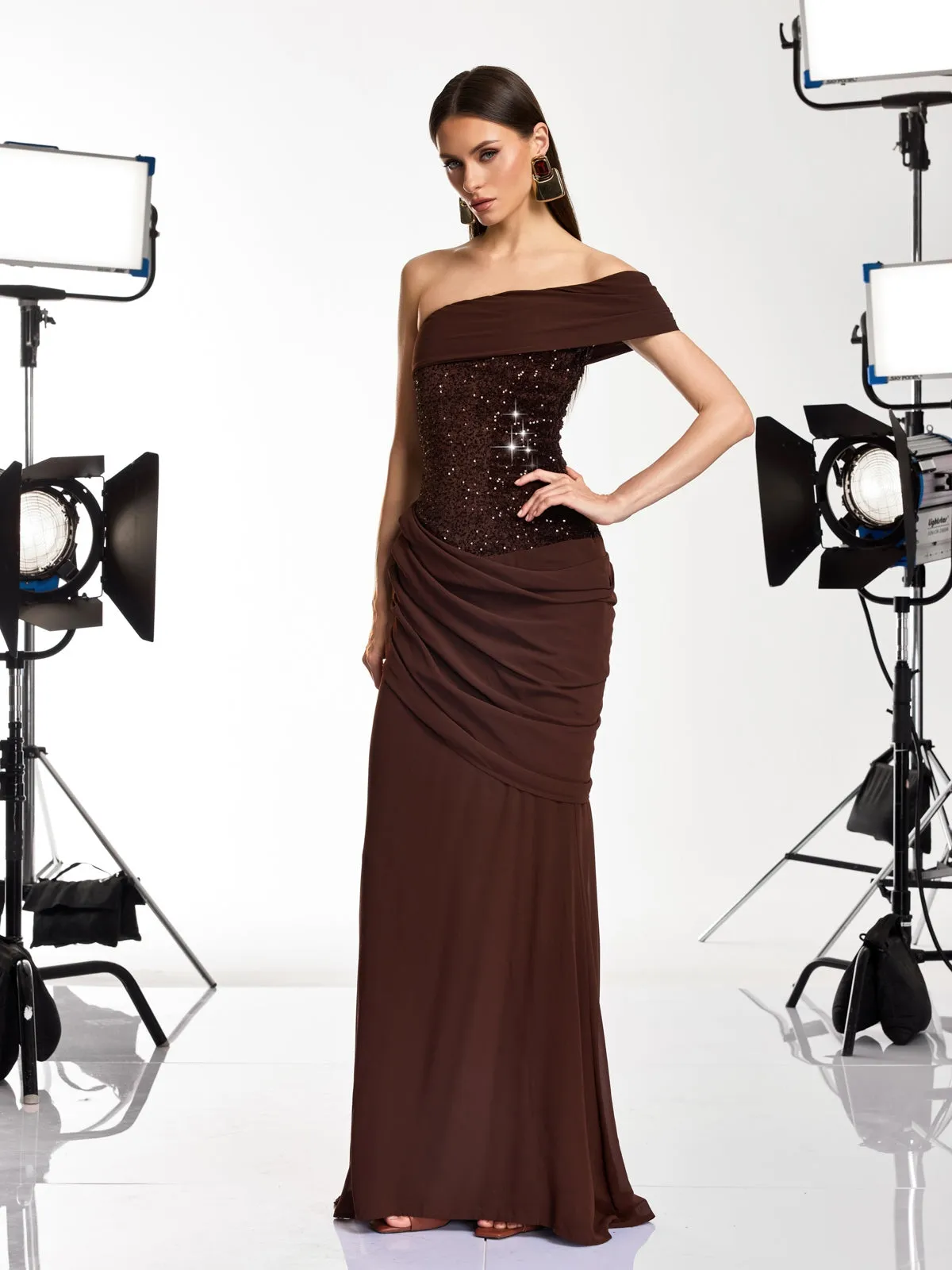 Neravo One Shoulder Sequin Ruched Maxi Dress sold by Mew Mews product image thumbnail 4