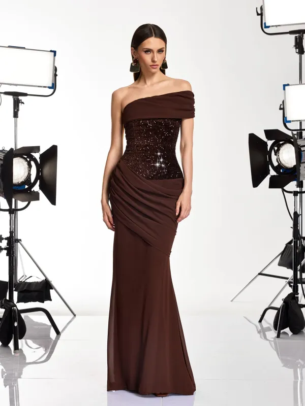 Neravo One Shoulder Sequin Ruched Maxi Dress made by Mew Mews
