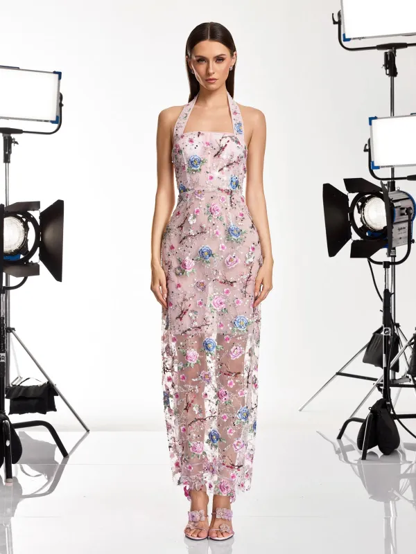 Iravora Halterneck Flower Mesh Maxi Dress made by Mew Mews