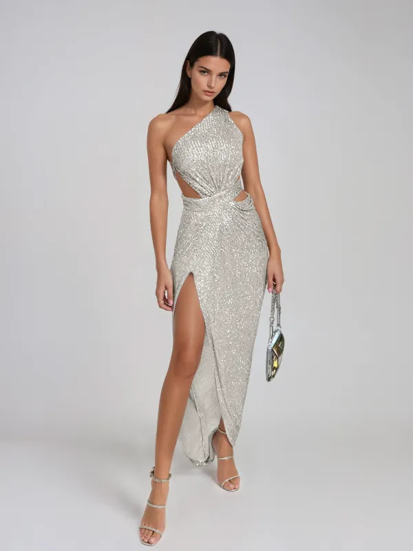 Tenvik One Shoulder Cutout Sequin Maxi Dress made by Mew Mews