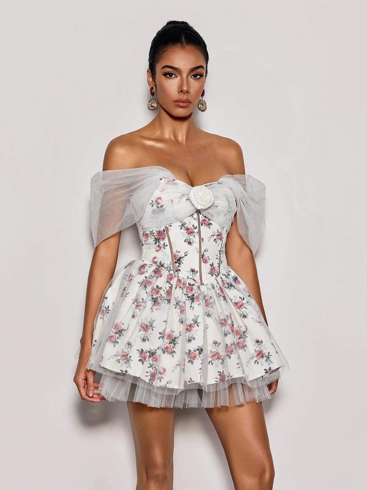 Quaris Off Shoulder Flower Tulle Mini Dress In White sold by Mew Mews product image thumbnail 4