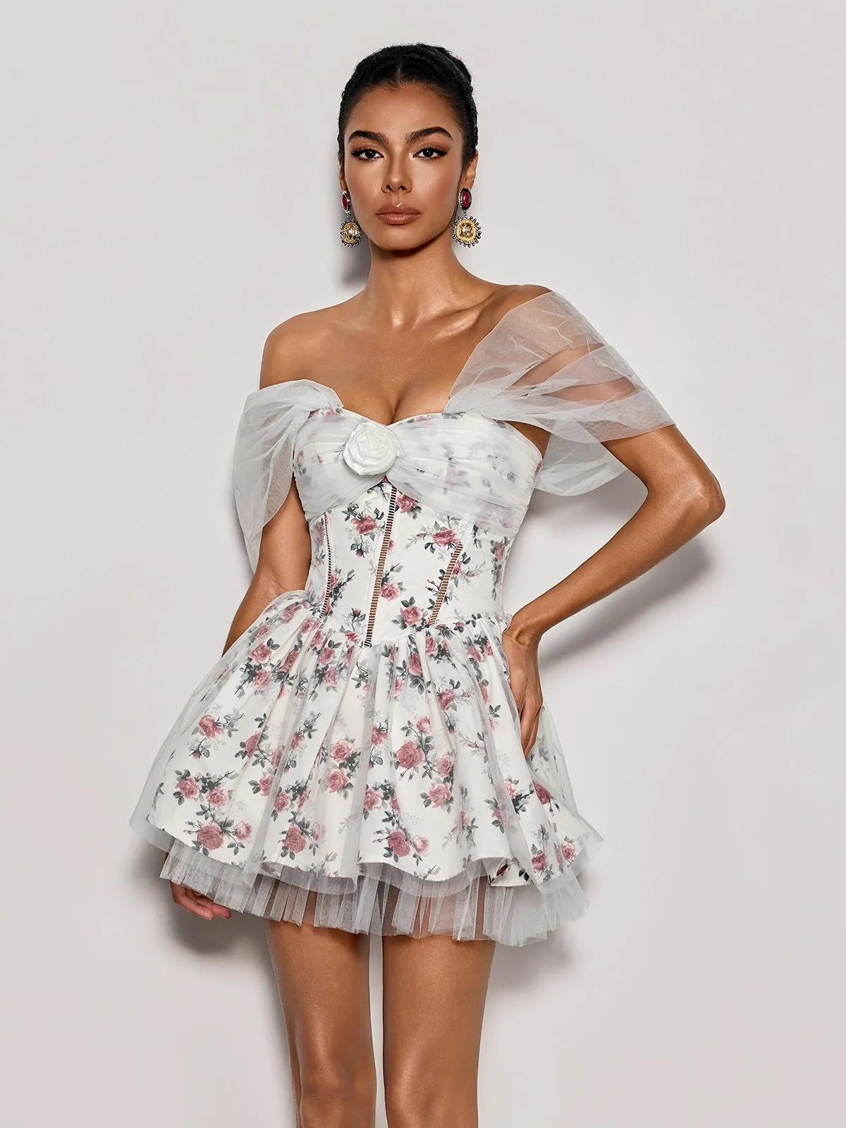 Quaris Off Shoulder Flower Tulle Mini Dress In White sold by Mew Mews
