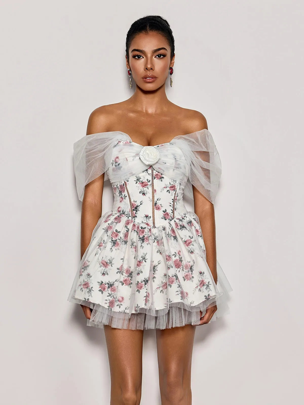 Quaris Off Shoulder Flower Tulle Mini Dress In White sold by Mew Mews product image thumbnail 2