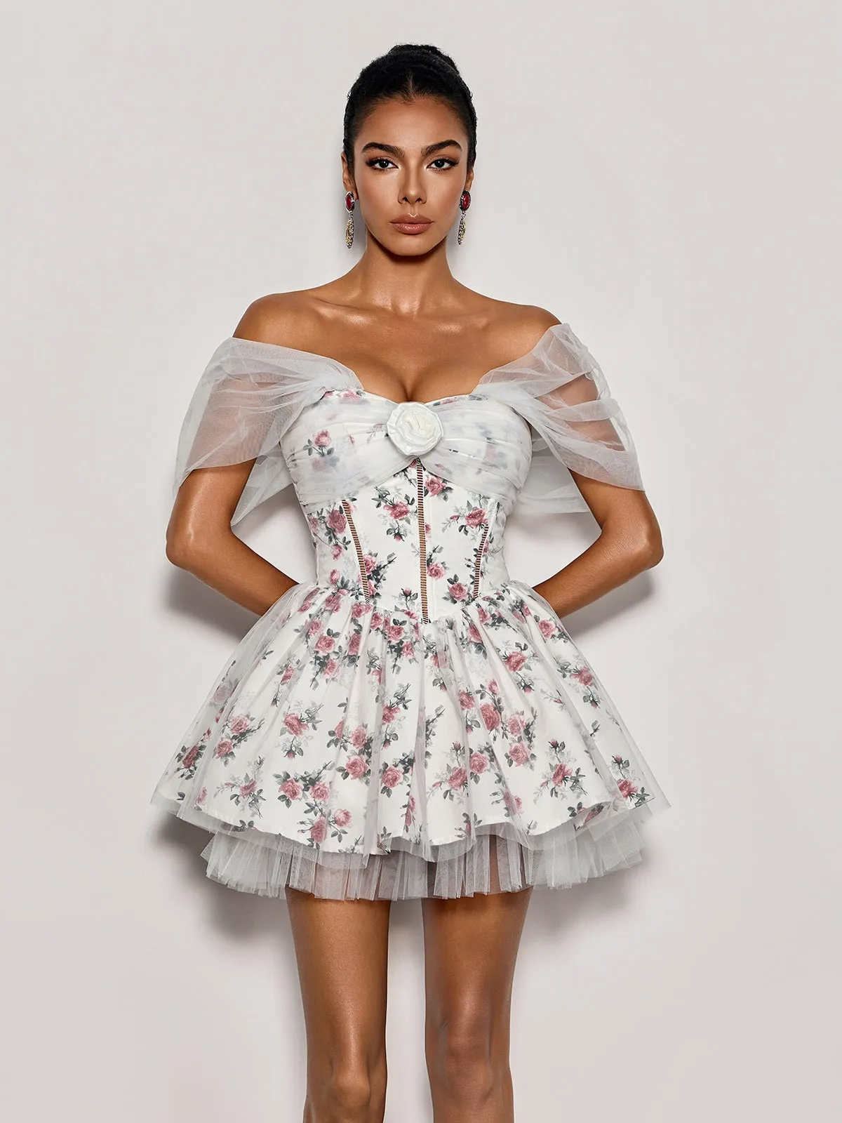 Quaris Off Shoulder Flower Tulle Mini Dress In White sold by Mew Mews product image thumbnail 3