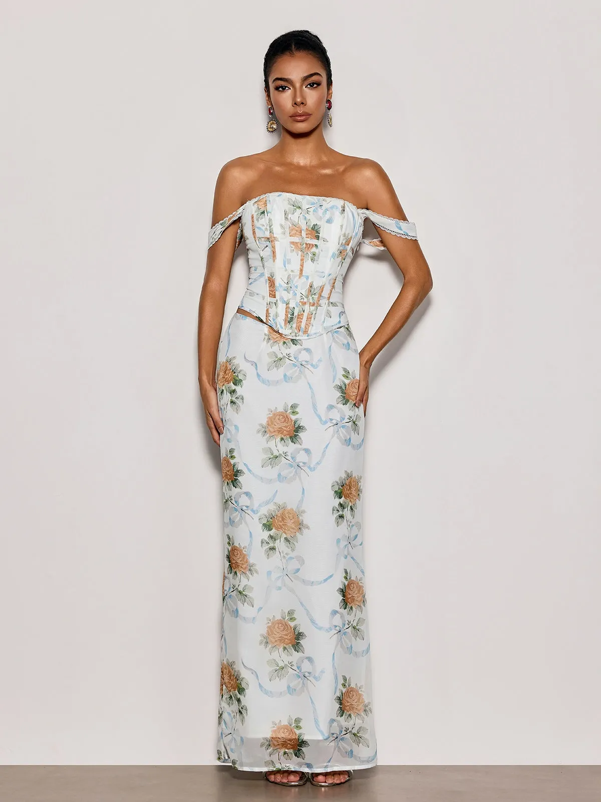 Pheron Off Shoulder Floral Maxi Dress sold by Mew Mews