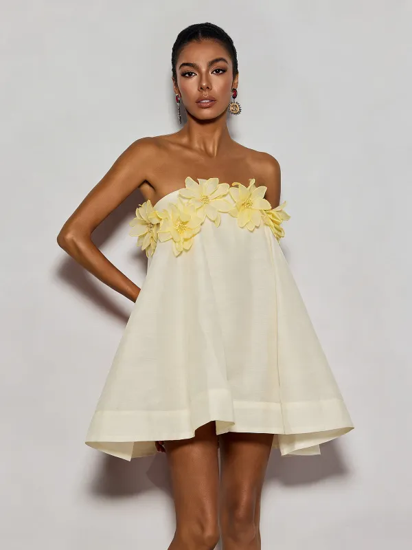 Gratho Strapless Flower Mini Dress In Yellow made by Mew Mews
