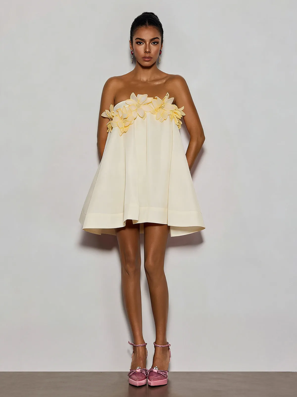 Gratho Strapless Flower Mini Dress In Yellow sold by Mew Mews product image thumbnail 3
