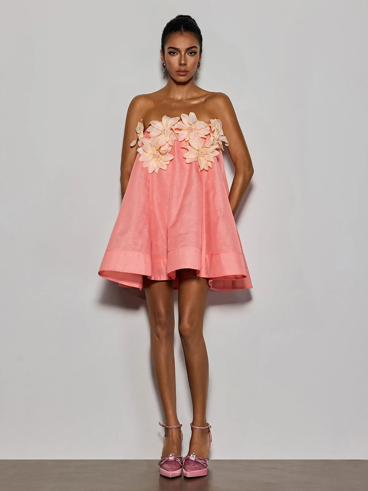 Gratho Strapless Flower Mini Dress In Coral sold by Mew Mews product image thumbnail 5