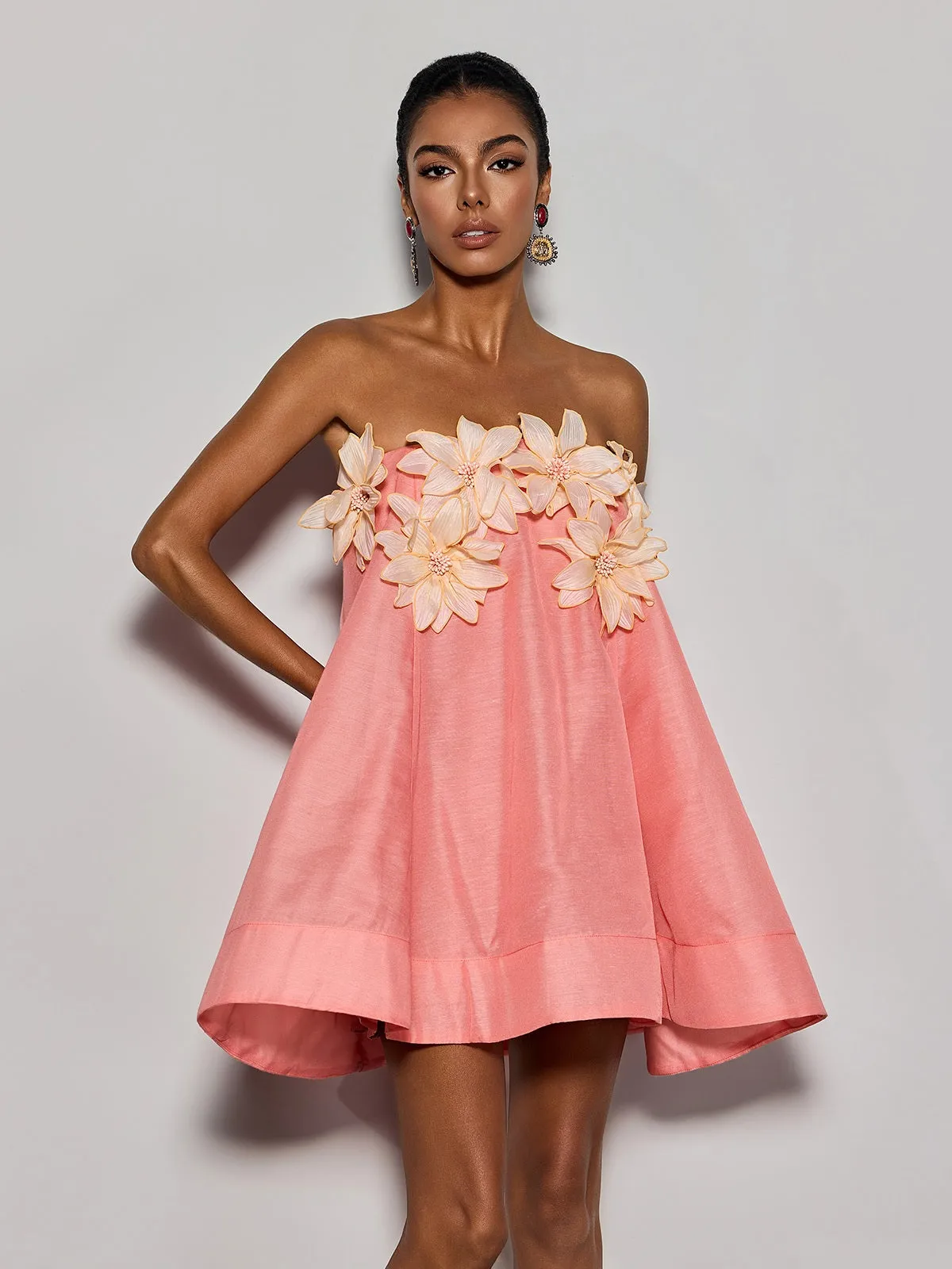 Gratho Strapless Flower Mini Dress In Coral sold by Mew Mews product image thumbnail 3