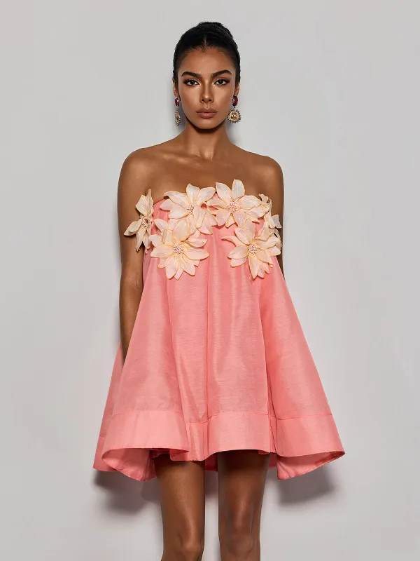 Gratho Strapless Flower Mini Dress In Coral made by Mew Mews