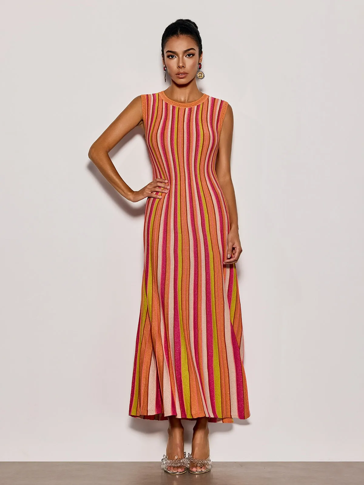 Malyxa Sleeveless Stripe Knit Midi Dress In Orange sold by Mew Mews