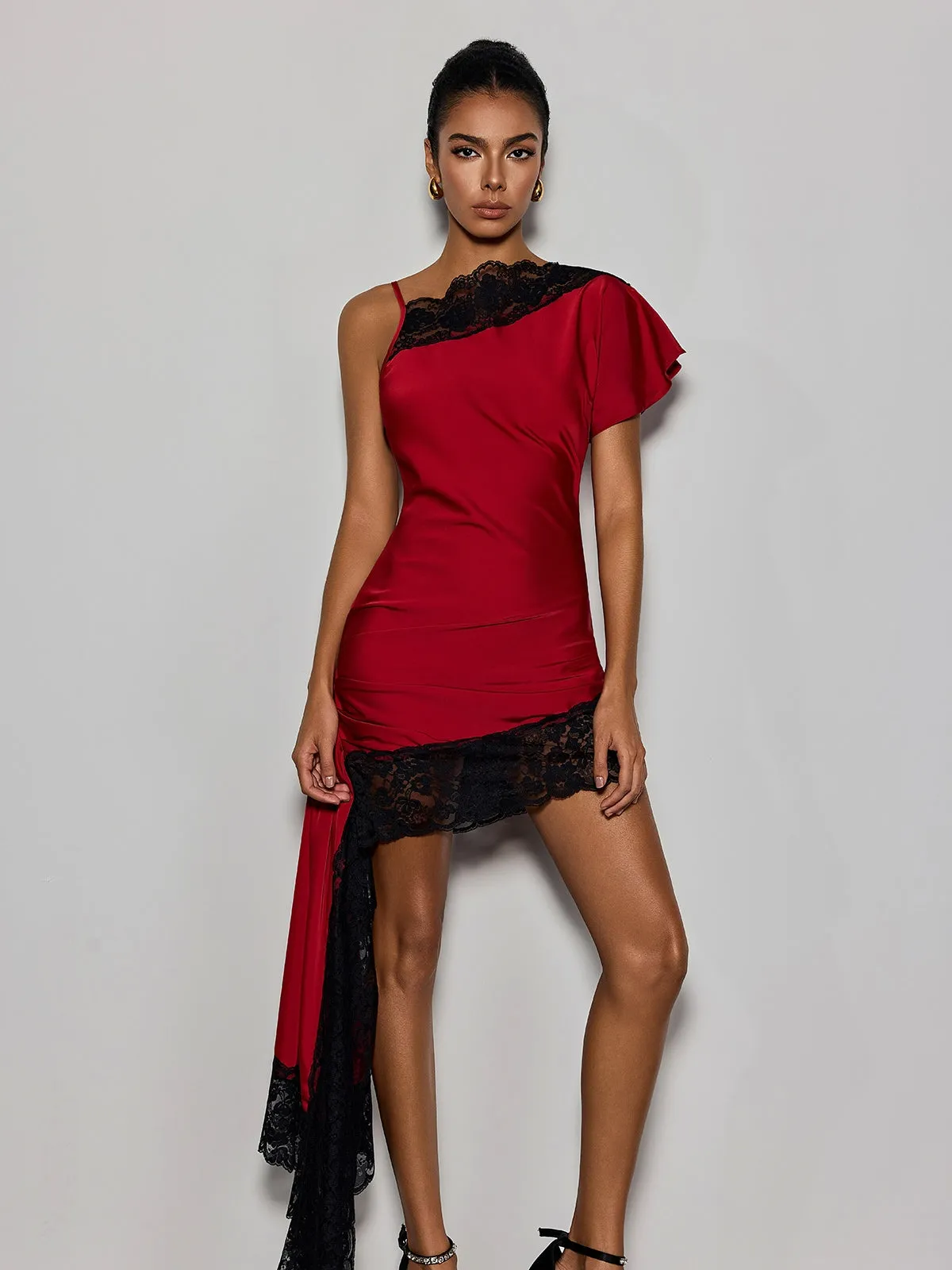 Olvex One Shoulder Lace Draped Mini Dress In Wine sold by Mew Mews product image thumbnail 5