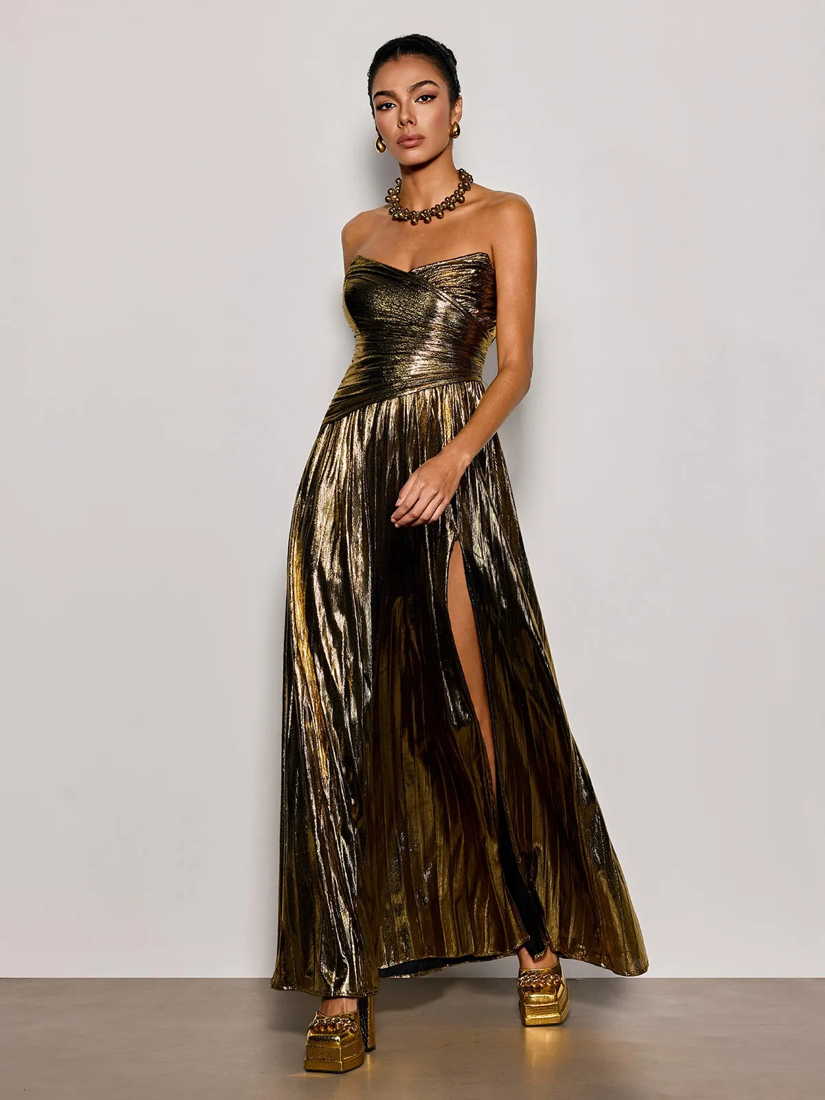 Quvory Strapless Split Metallic Maxi Dress In Gold sold by Mew Mews product image thumbnail 2